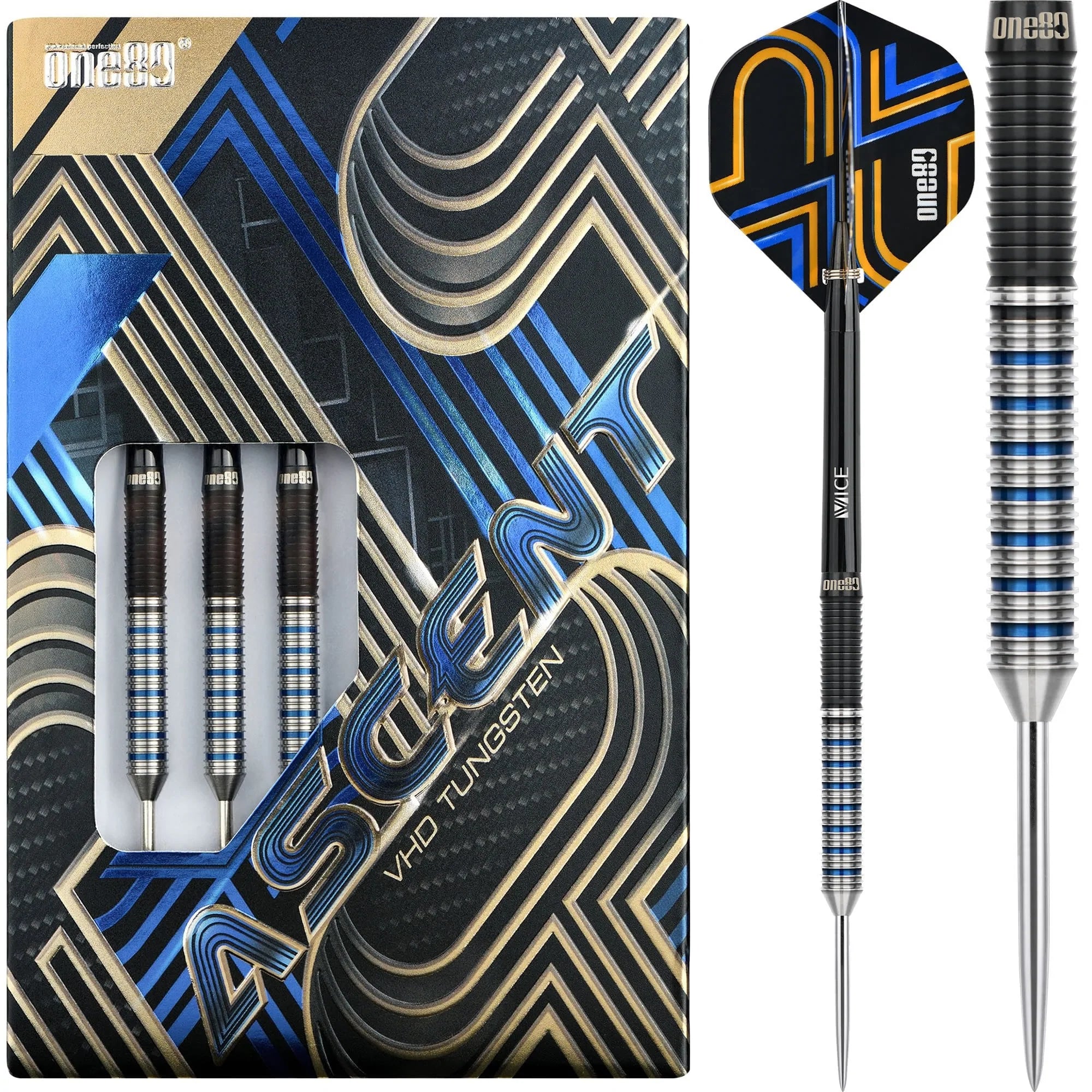 One80 Ascent Darts - Steel Tip Darts - SO1 - 90% Tungsten - Black & Bl