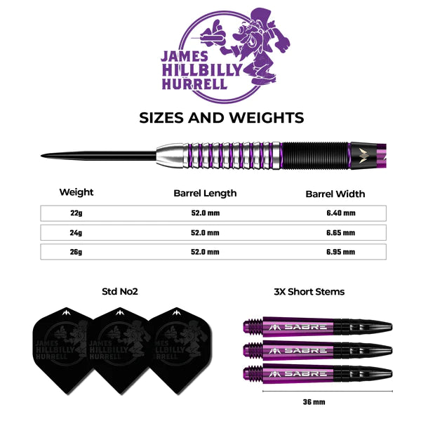 Mission James Hurrell Hillbilly 90% Tungsten Steel Tip Darts - Black & Purple - 24 Gram